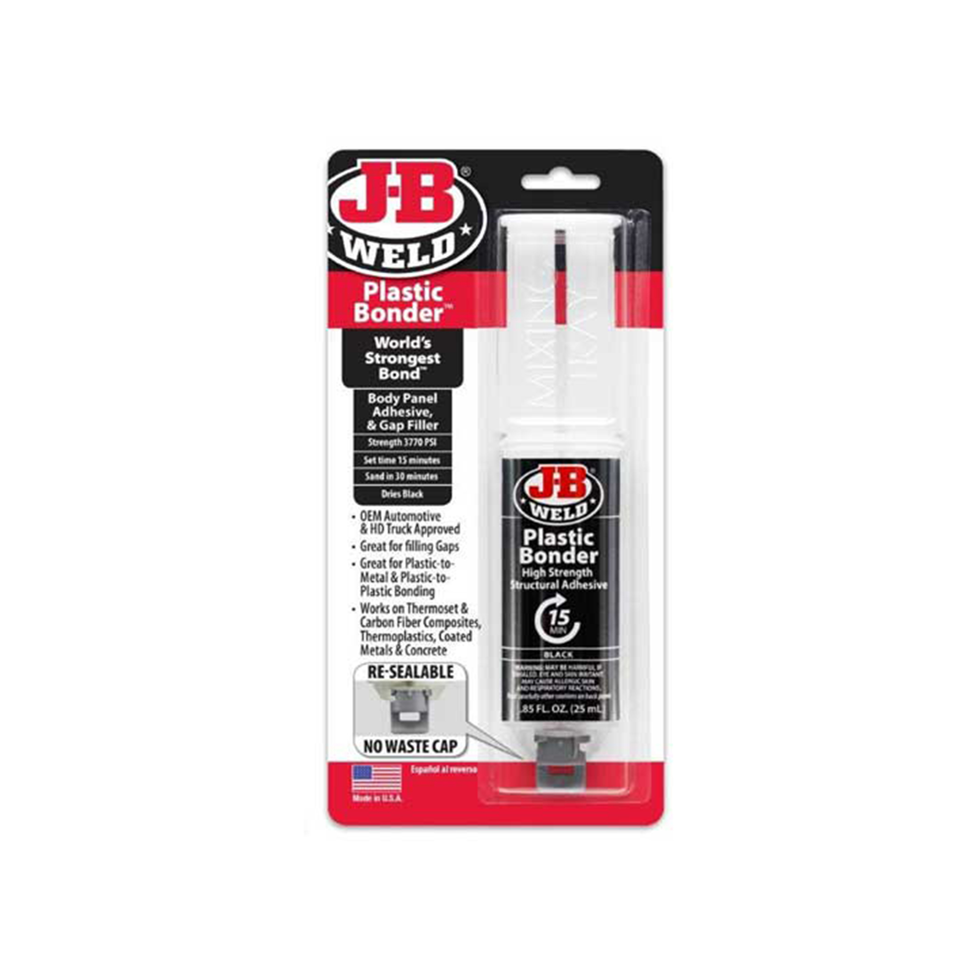 JB Weld PlasticBonder Black — 25ml Syringe, Fast-Setting, Sandable, 3770 PSI Tensile Strength, Model# JBW50139